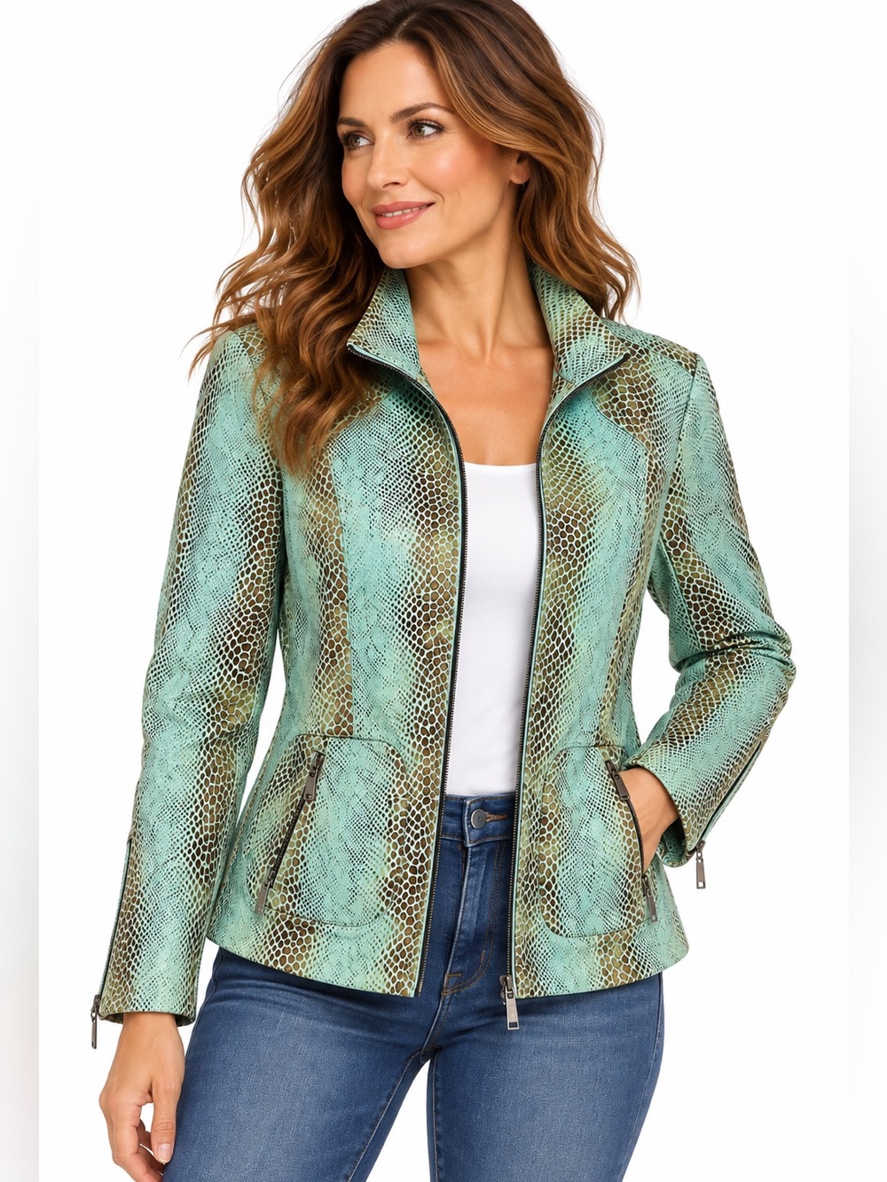 Dialogue Mint Green Snake-Print Zip Jacket